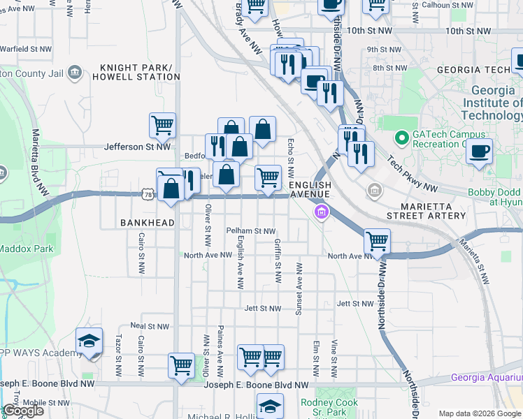 map of restaurants, bars, coffee shops, grocery stores, and more near 651 Chestnut Street Northwest in Atlanta