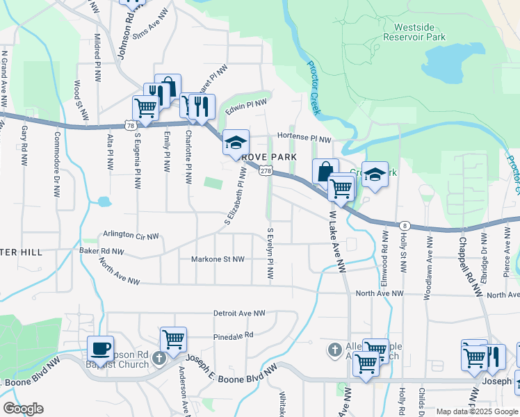 map of restaurants, bars, coffee shops, grocery stores, and more near 645 South Elizabeth Place Northwest in Atlanta