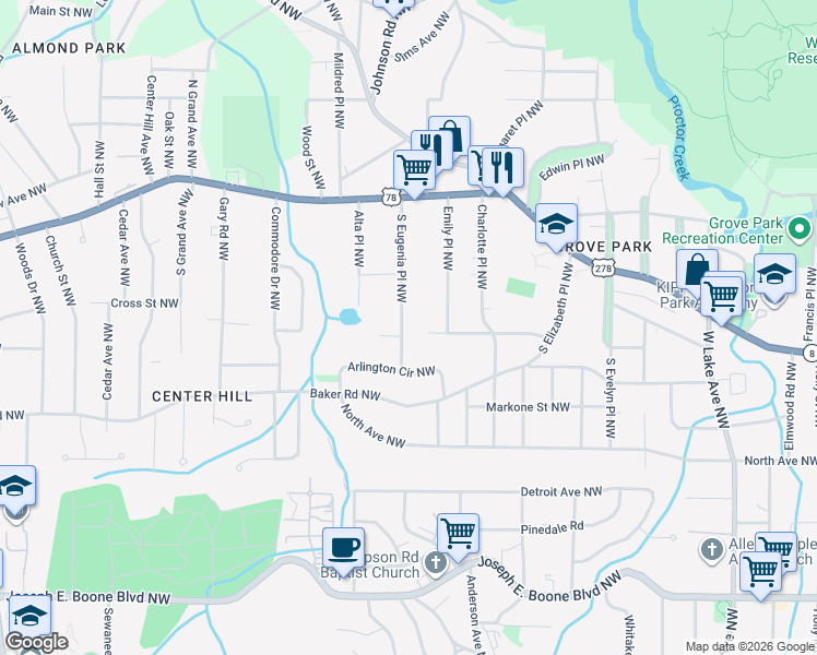 map of restaurants, bars, coffee shops, grocery stores, and more near 631 South Eugenia Place Northwest in Atlanta