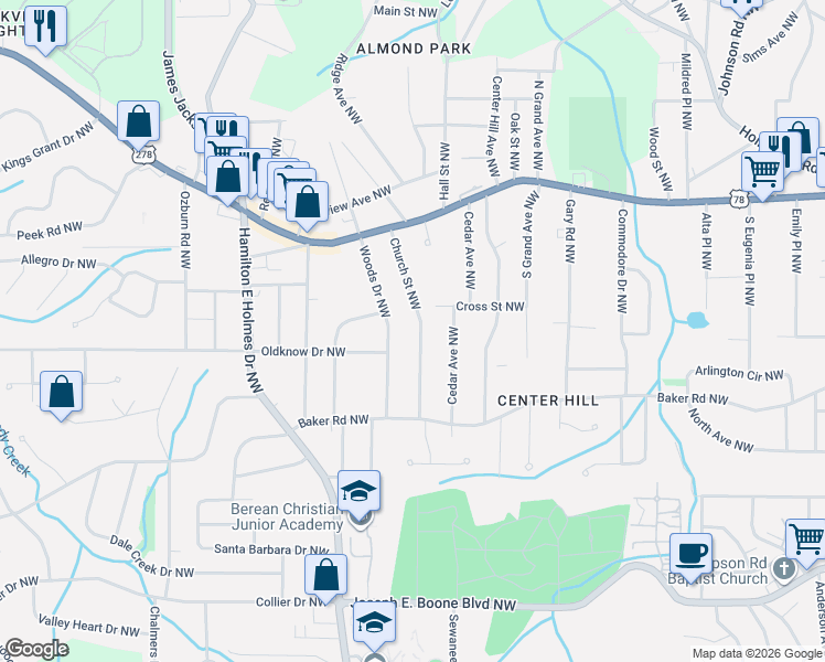 map of restaurants, bars, coffee shops, grocery stores, and more near 637 Church Street Northwest in Atlanta