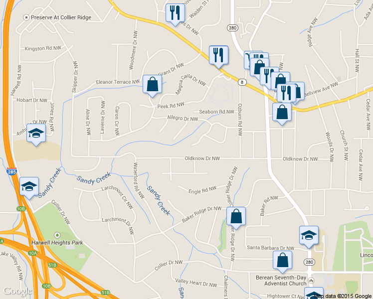 map of restaurants, bars, coffee shops, grocery stores, and more near 2854 Crescendo Drive Northwest in Atlanta