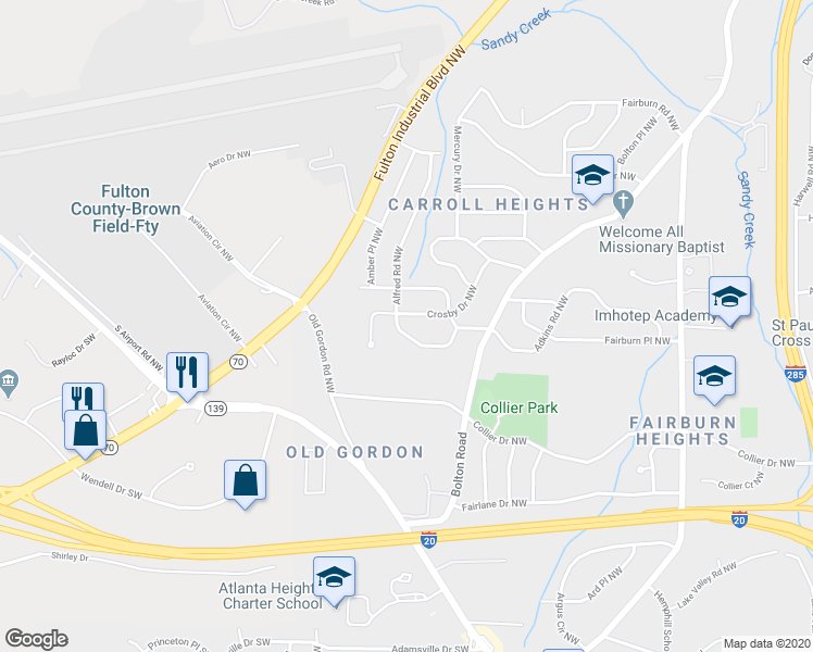 map of restaurants, bars, coffee shops, grocery stores, and more near 658 Alfred Road Northwest in Atlanta