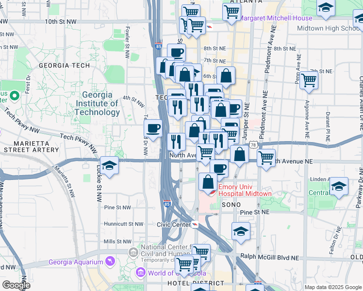 map of restaurants, bars, coffee shops, grocery stores, and more near Ponce De Leon Avenue Northwest in Atlanta