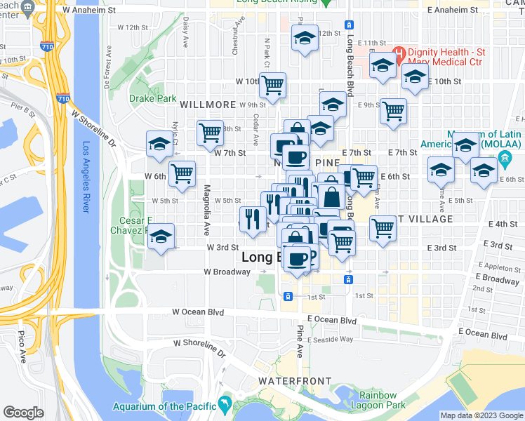 map of restaurants, bars, coffee shops, grocery stores, and more near 423 Pacific Avenue in Long Beach