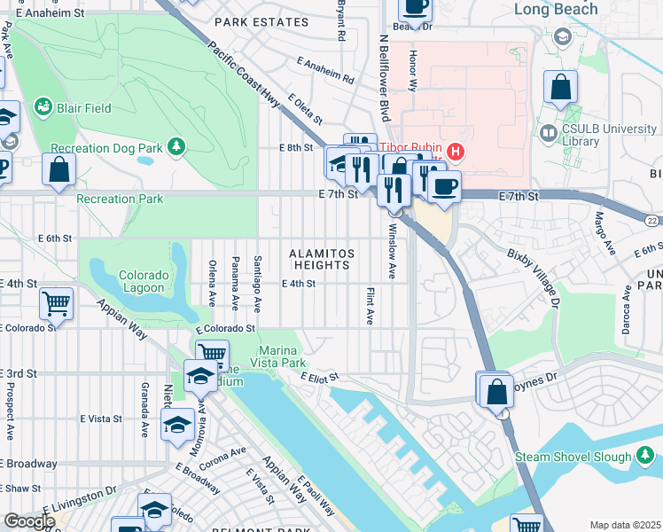 map of restaurants, bars, coffee shops, grocery stores, and more near 434 Los Altos Avenue in Long Beach