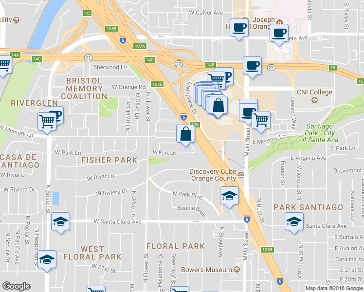 map of restaurants, bars, coffee shops, grocery stores, and more near 514 West Jonquil Road in Santa Ana