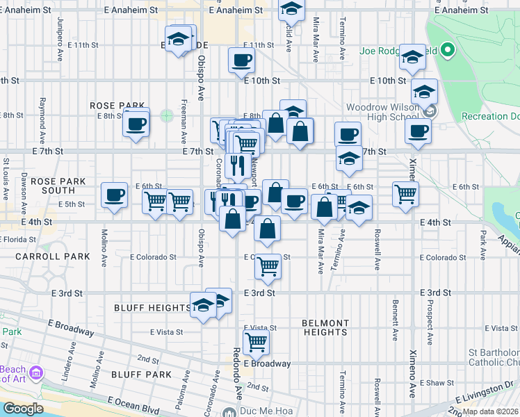 map of restaurants, bars, coffee shops, grocery stores, and more near 435 Loma Avenue in Long Beach