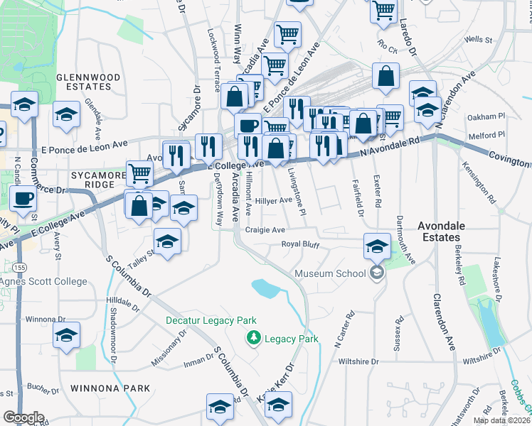 map of restaurants, bars, coffee shops, grocery stores, and more near 768 Dalerose Avenue in Decatur