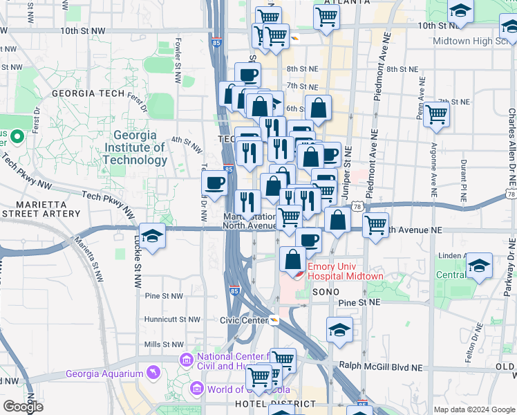 map of restaurants, bars, coffee shops, grocery stores, and more near Ponce De Leon Avenue Northwest in Atlanta