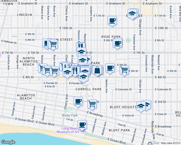 map of restaurants, bars, coffee shops, grocery stores, and more near 2324 East 5th Street in Long Beach