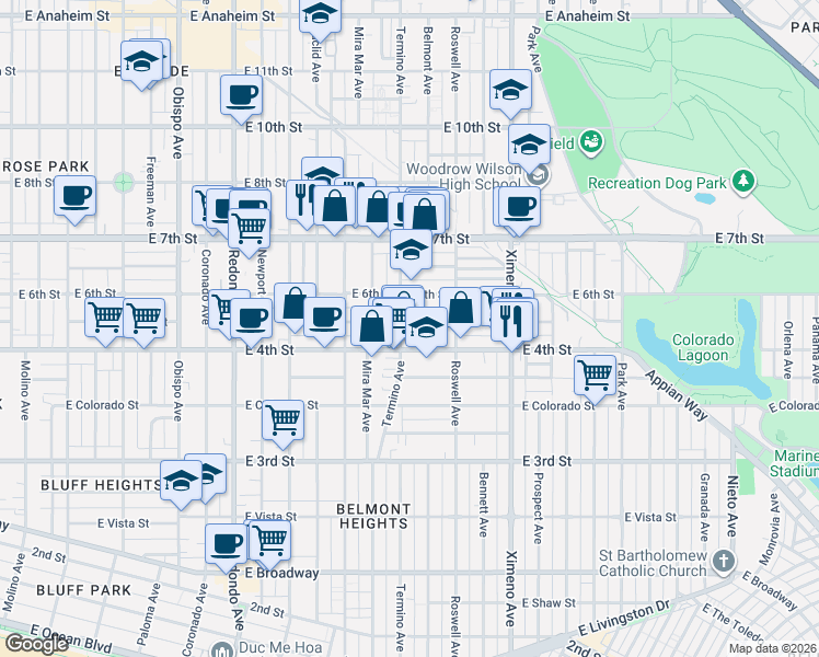 map of restaurants, bars, coffee shops, grocery stores, and more near 4008 East 5th Street in Long Beach