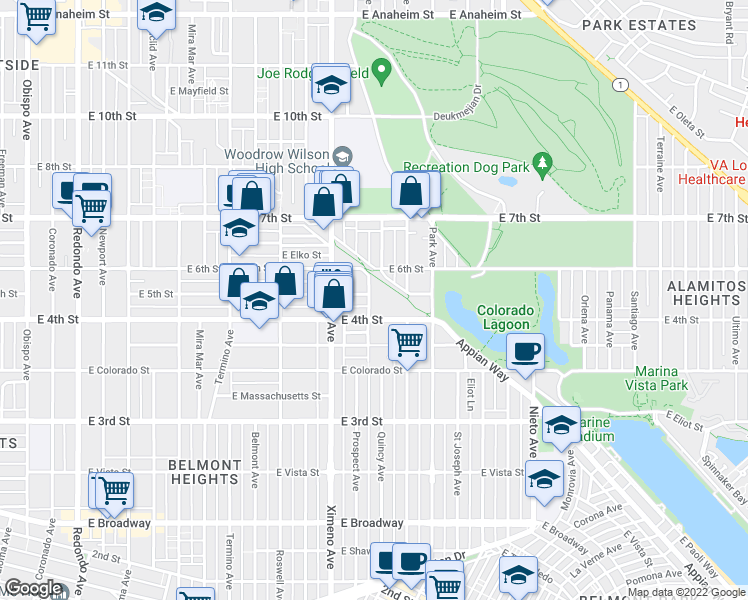 map of restaurants, bars, coffee shops, grocery stores, and more near 434 Tremont Avenue in Long Beach