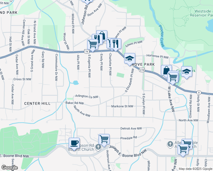 map of restaurants, bars, coffee shops, grocery stores, and more near 1941 Maywood Place Northwest in Atlanta