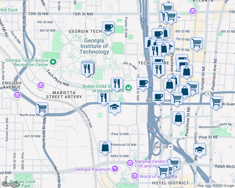 map of restaurants, bars, coffee shops, grocery stores, and more near 225 North Avenue Northwest in Atlanta