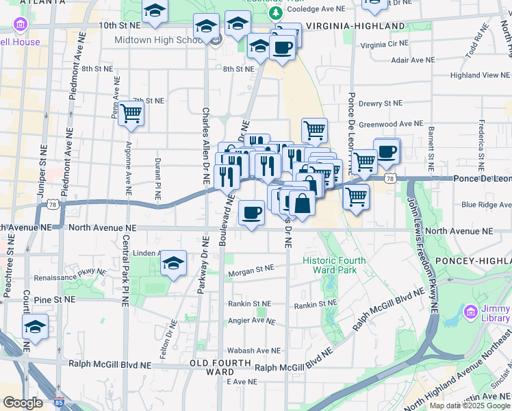 map of restaurants, bars, coffee shops, grocery stores, and more near 655 Kennesaw Avenue Northeast in Atlanta