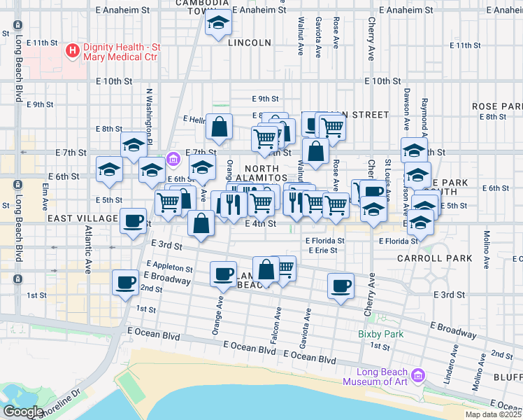 map of restaurants, bars, coffee shops, grocery stores, and more near 436 Almond Avenue in Long Beach