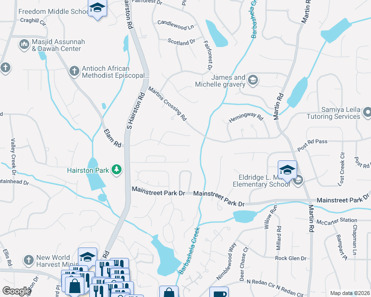 map of restaurants, bars, coffee shops, grocery stores, and more near 4899 Hairston Place in Stone Mountain