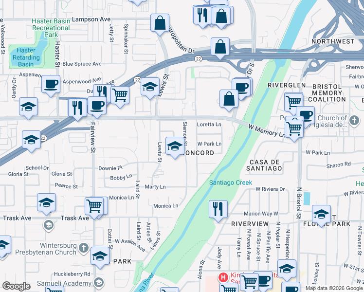 map of restaurants, bars, coffee shops, grocery stores, and more near 13131 Siemon Avenue in Garden Grove