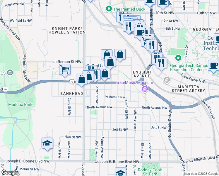 map of restaurants, bars, coffee shops, grocery stores, and more near 652 English Avenue Northwest in Atlanta