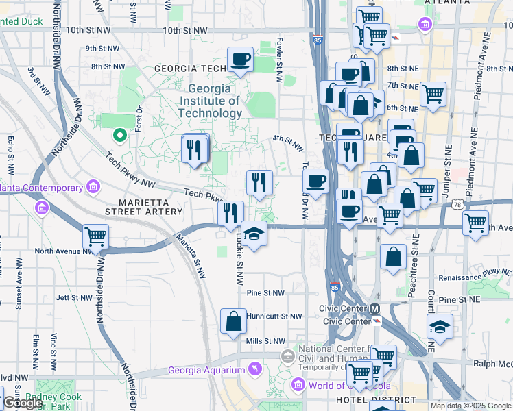 map of restaurants, bars, coffee shops, grocery stores, and more near 75 5th Street Northwest in Atlanta