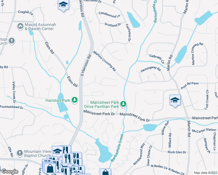 map of restaurants, bars, coffee shops, grocery stores, and more near 4875 Hairston Place in Stone Mountain