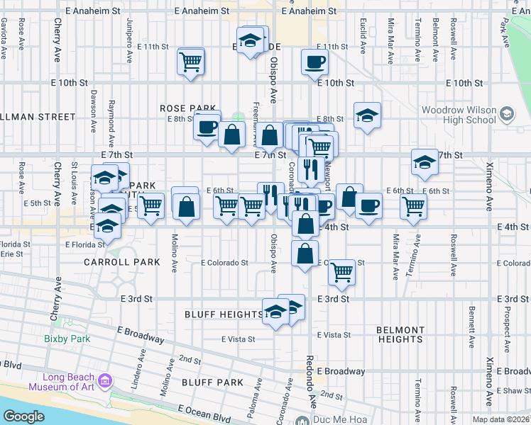 map of restaurants, bars, coffee shops, grocery stores, and more near 3122 East 5th Street in Long Beach