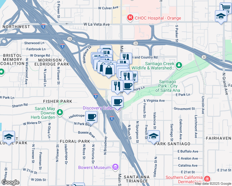 map of restaurants, bars, coffee shops, grocery stores, and more near 2670 North Main Street in Santa Ana