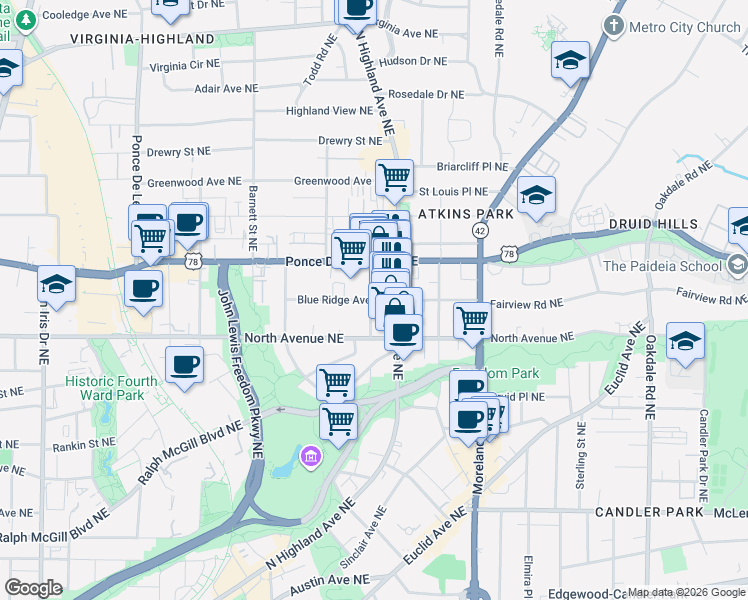 map of restaurants, bars, coffee shops, grocery stores, and more near 1028 Blue Ridge Avenue Northeast in Atlanta