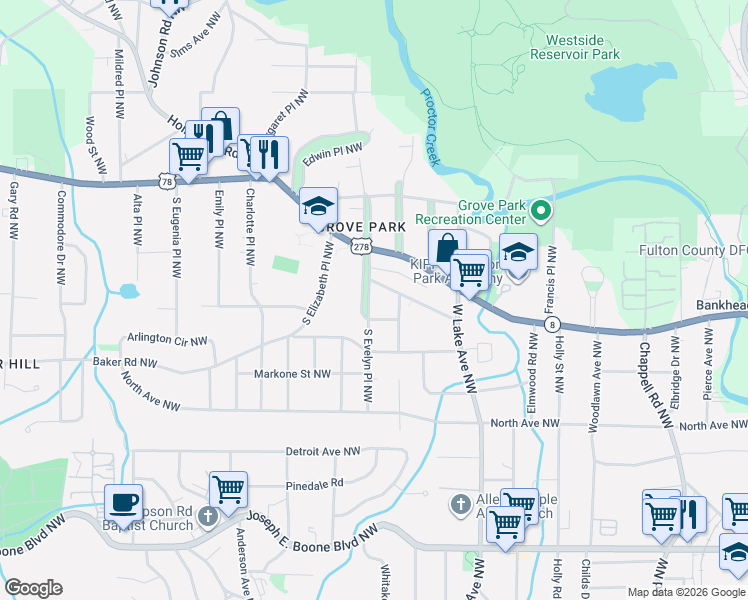 map of restaurants, bars, coffee shops, grocery stores, and more near 639 South Evelyn Place Northwest in Atlanta