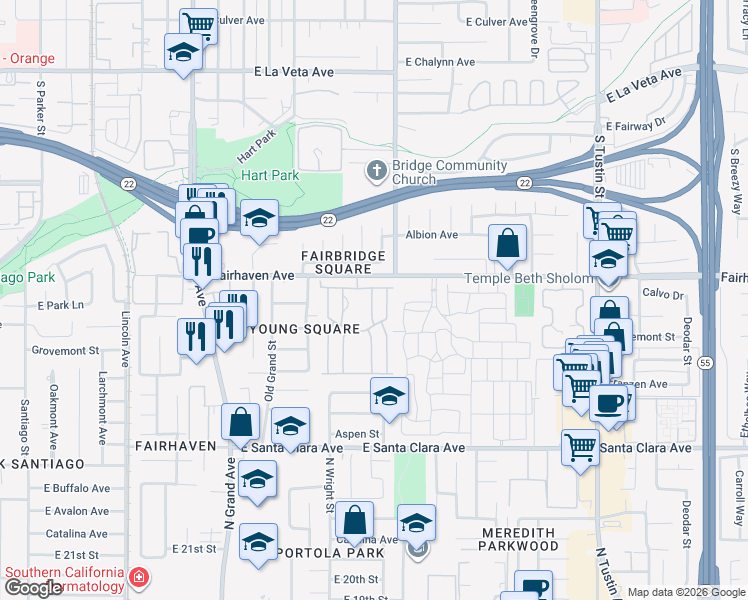 map of restaurants, bars, coffee shops, grocery stores, and more near 2628 Shadow Lake in Santa Ana
