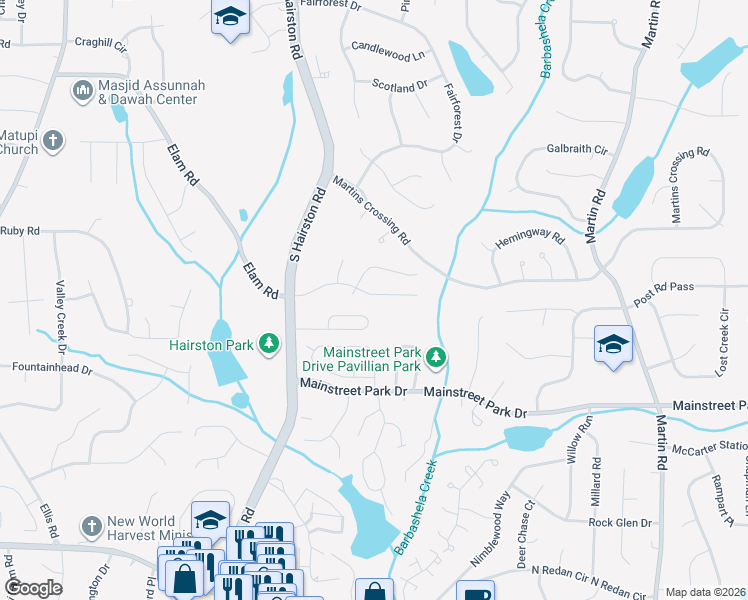 map of restaurants, bars, coffee shops, grocery stores, and more near 4863 Hairston Place in Stone Mountain