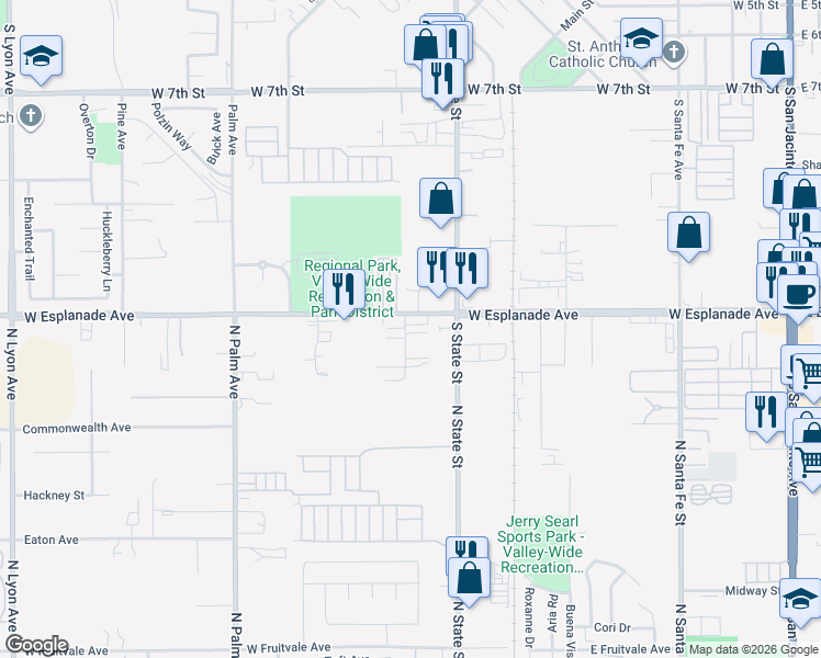 map of restaurants, bars, coffee shops, grocery stores, and more near 1486 Mesa View Street in Hemet