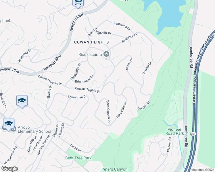 map of restaurants, bars, coffee shops, grocery stores, and more near 10321 Overhill Drive in Santa Ana