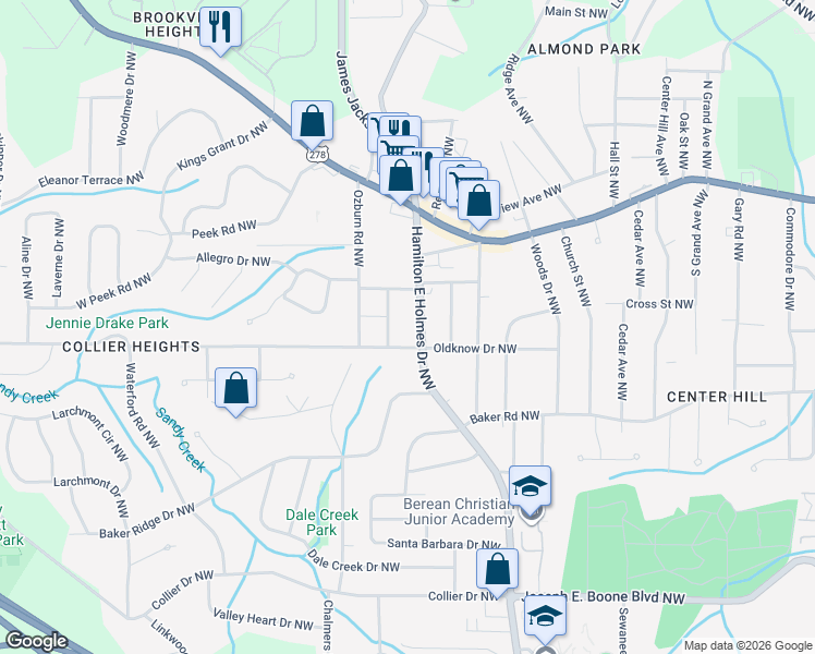 map of restaurants, bars, coffee shops, grocery stores, and more near 630 Hamilton E Holmes Drive Northwest in Atlanta