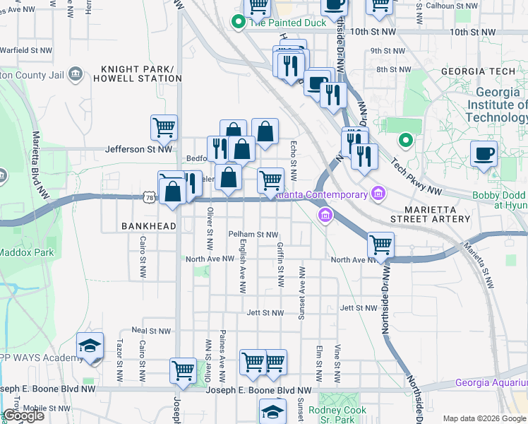 map of restaurants, bars, coffee shops, grocery stores, and more near 651 Chestnut Street Northwest in Atlanta
