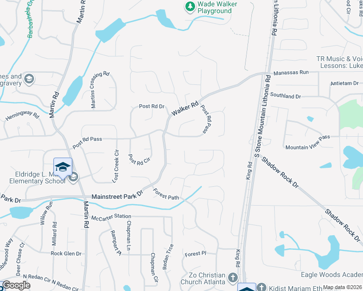 map of restaurants, bars, coffee shops, grocery stores, and more near 5447 Hedgeflower Court in Stone Mountain
