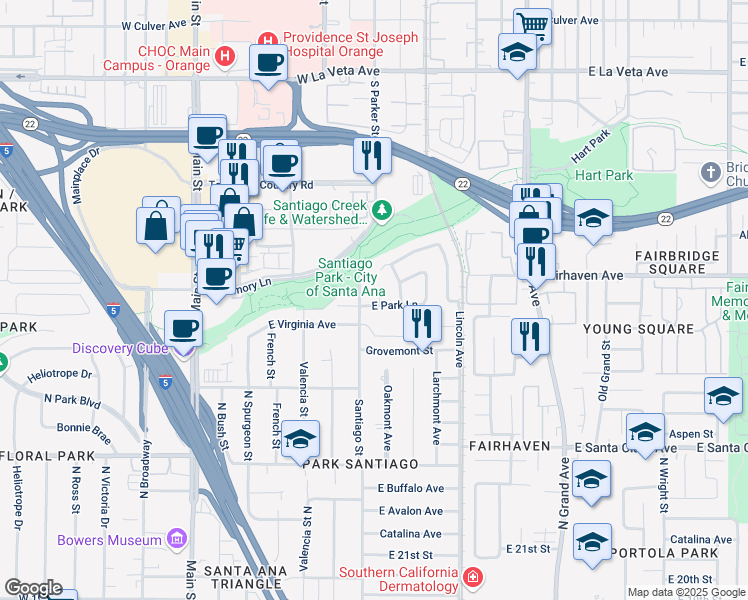 map of restaurants, bars, coffee shops, grocery stores, and more near 2626 Jessee Drive in Santa Ana