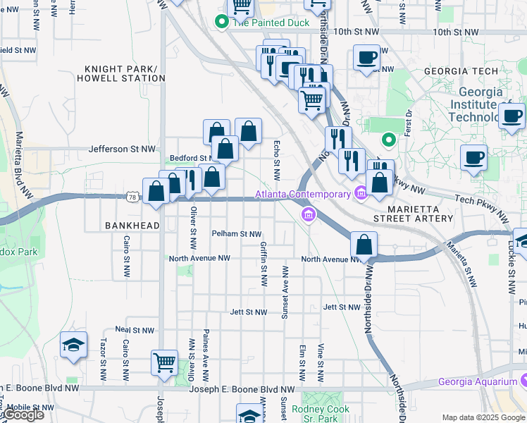 map of restaurants, bars, coffee shops, grocery stores, and more near 649 Griffin Street Northwest in Atlanta