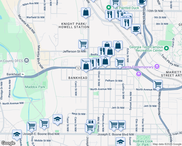 map of restaurants, bars, coffee shops, grocery stores, and more near 649 Joseph E Lowery Boulevard Northwest in Atlanta
