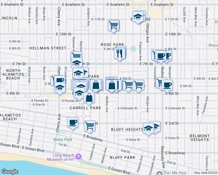 map of restaurants, bars, coffee shops, grocery stores, and more near 433 Ohio Avenue in Long Beach
