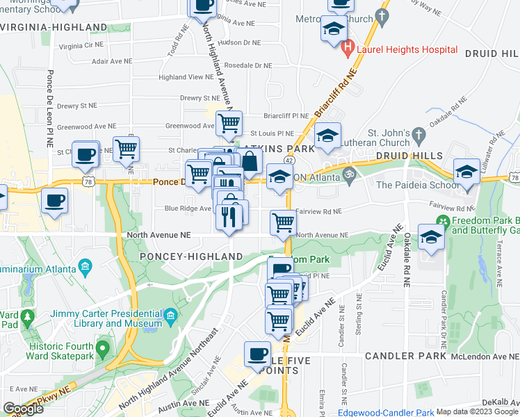 map of restaurants, bars, coffee shops, grocery stores, and more near Seminole Ave NE & Blue Ridge Ave NE in Atlanta