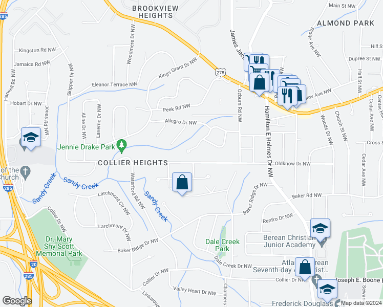 map of restaurants, bars, coffee shops, grocery stores, and more near 2854 Crescendo Drive Northwest in Atlanta