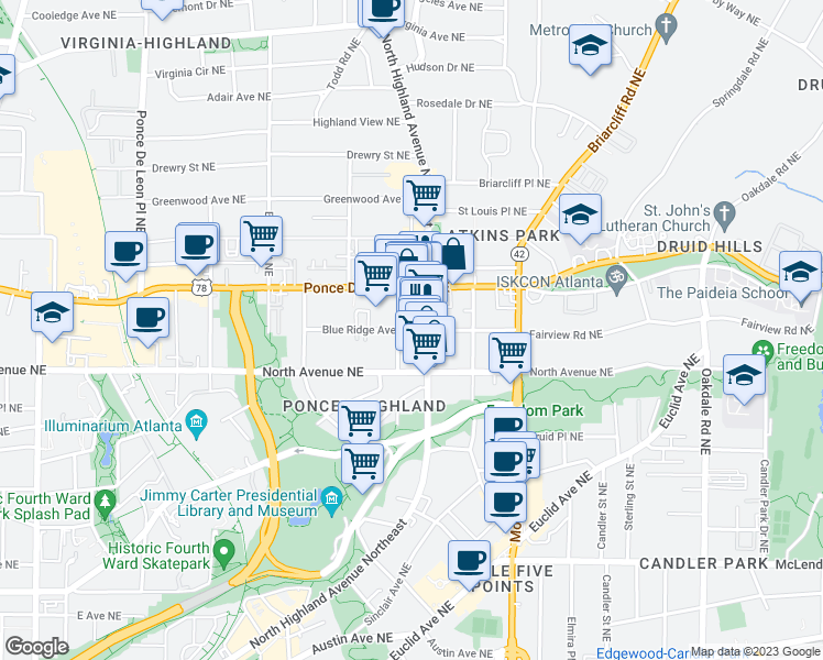 map of restaurants, bars, coffee shops, grocery stores, and more near Blue Ridge Avenue Northeast in Atlanta