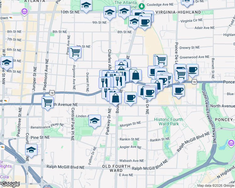 map of restaurants, bars, coffee shops, grocery stores, and more near 650 Boulevard Northeast in Atlanta