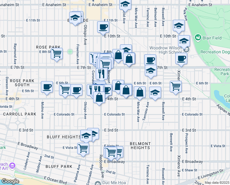 map of restaurants, bars, coffee shops, grocery stores, and more near 435 Loma Avenue in Long Beach