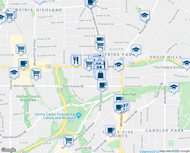 map of restaurants, bars, coffee shops, grocery stores, and more near Cleburne Terrace Northeast in Atlanta