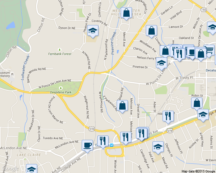 map of restaurants, bars, coffee shops, grocery stores, and more near 150 E Parkwood Rd in Decatur