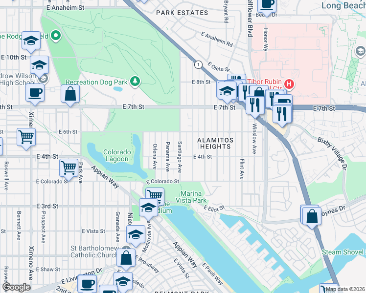 map of restaurants, bars, coffee shops, grocery stores, and more near 438 Santiago Avenue in Long Beach