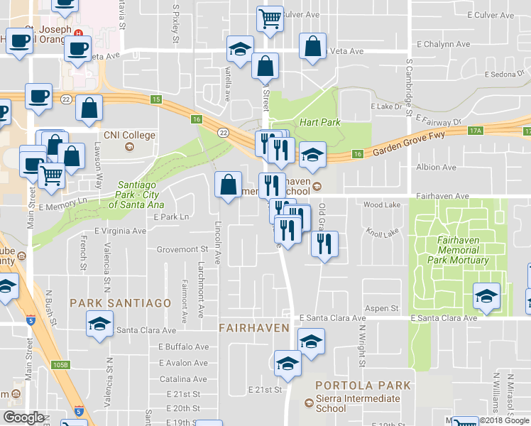 map of restaurants, bars, coffee shops, grocery stores, and more near 2630 North Grand Avenue in Santa Ana