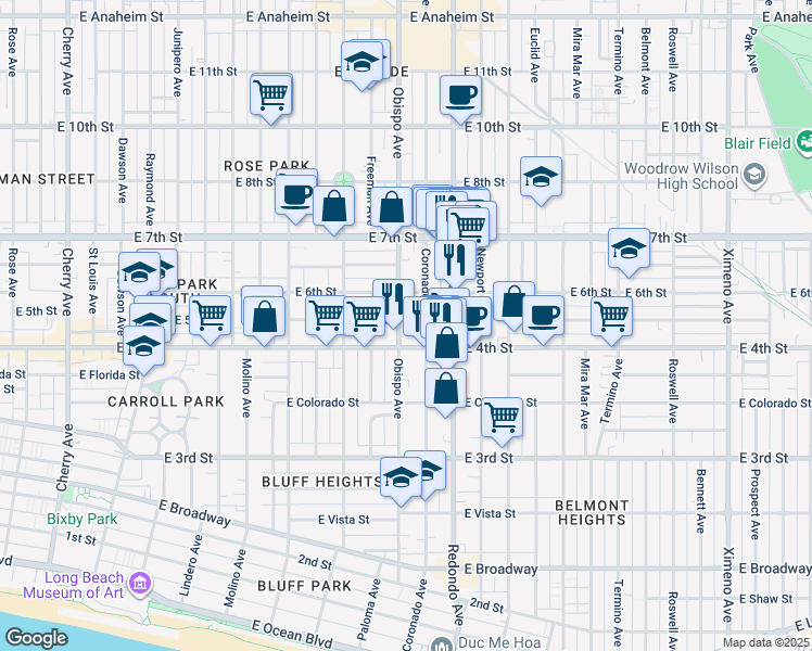 map of restaurants, bars, coffee shops, grocery stores, and more near 3124 East 5th Street in Long Beach